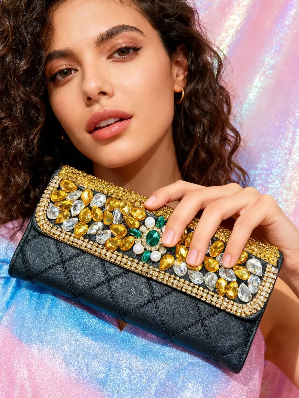 European-Style Palace-Style Green Jade Rhinestone High-End Wallet, Pure Handmade Luxury Heavy-Duty Rhinestone-Embellished High-End Women's Wallet, Large-Capacity Women's Wallet, Sparkling Rhinestone Evening Wallet for Girls