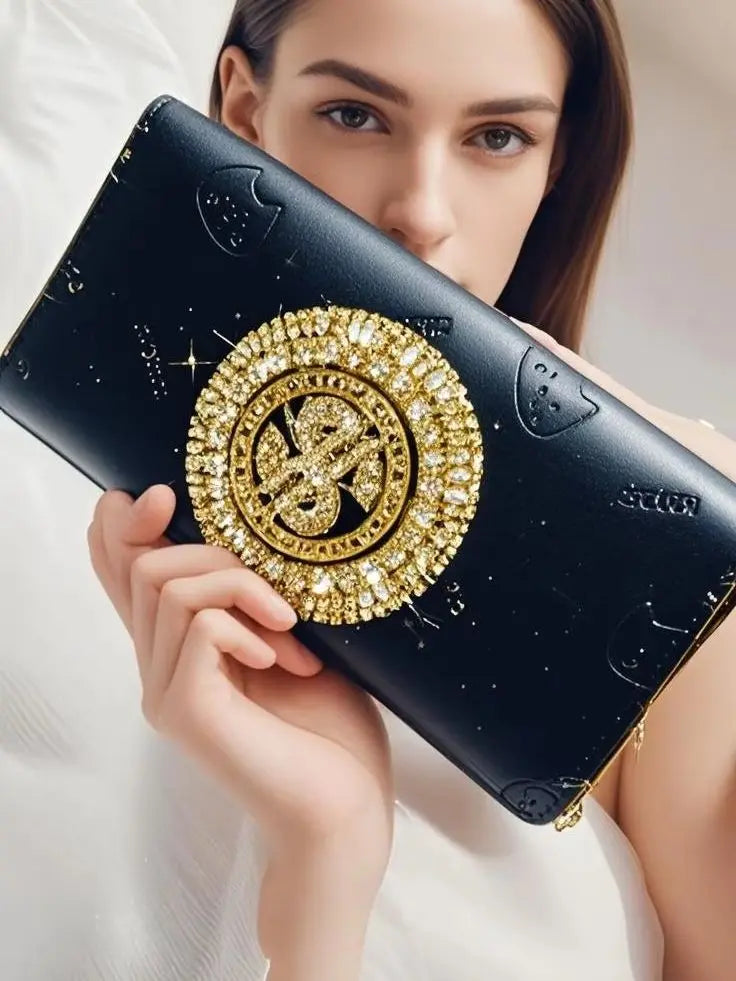 Unzip the Girls' Wallet, European and American Luxury Gold Moissanite Rhinestone Wallet, Pure Handmade Luxury Heavy-Duty Diamond-Encrusted High-End Women's Coin Purse, Large Capacity Women's Wallet, Sparkling Diamond-Encrusted Girls' Evening Wallet