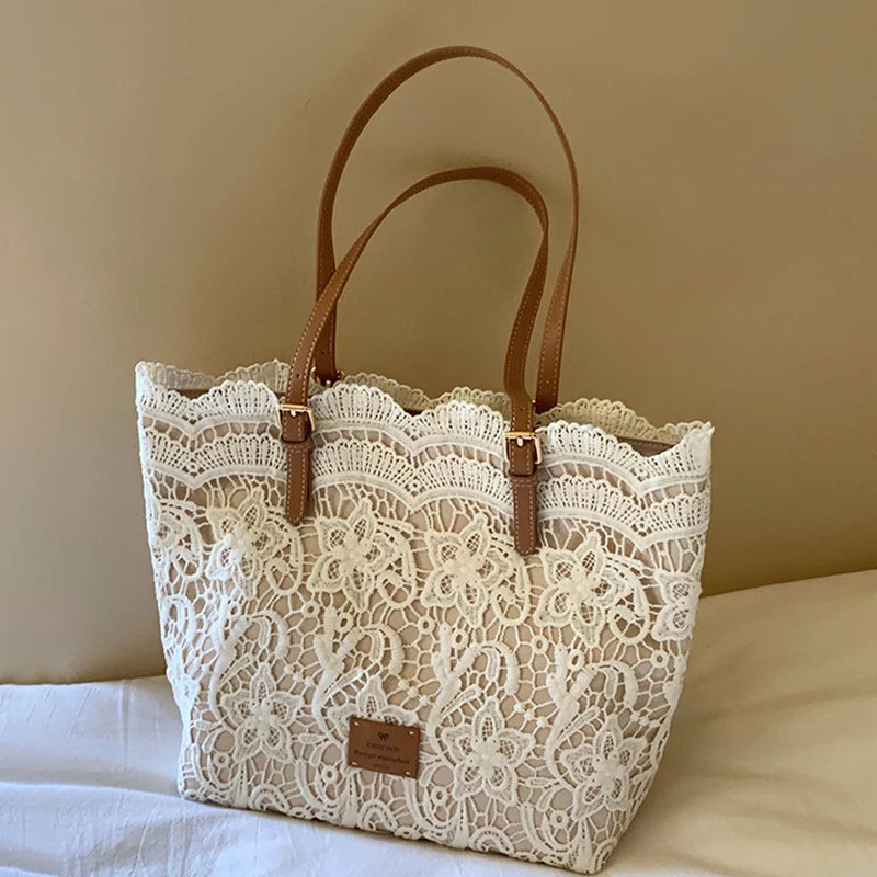 Women's White Lace Flower Embroidery Tote Bag Summer Seaside Travel Vacation Beach Shoulder Retro Handbag