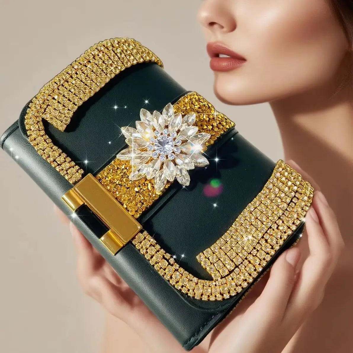 Two-Layer Folding Wallet with Coin Purse, European and American Classic Style Rhinestone Wallet, Pure Handmade Luxury Heavy-Duty Rhinestone-Embellished High-End Women's Wallet, Large Capacity Women's Wallet, Sparkling Rhinestone Evening Wallet for Women