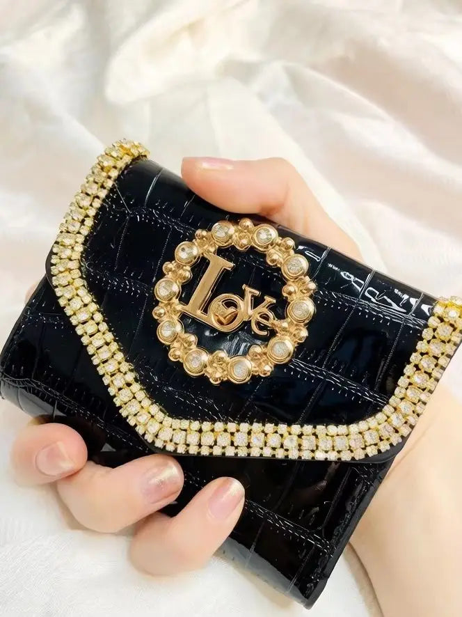 Love Rhinestone Logo Short Wallet, Pure Handmade Luxury High-End Women's Wallet with Heavy-Duty Rhinestone Inlay, Mini Women's Wallet, Sparkling Rhinestone Evening Wallet for Girls