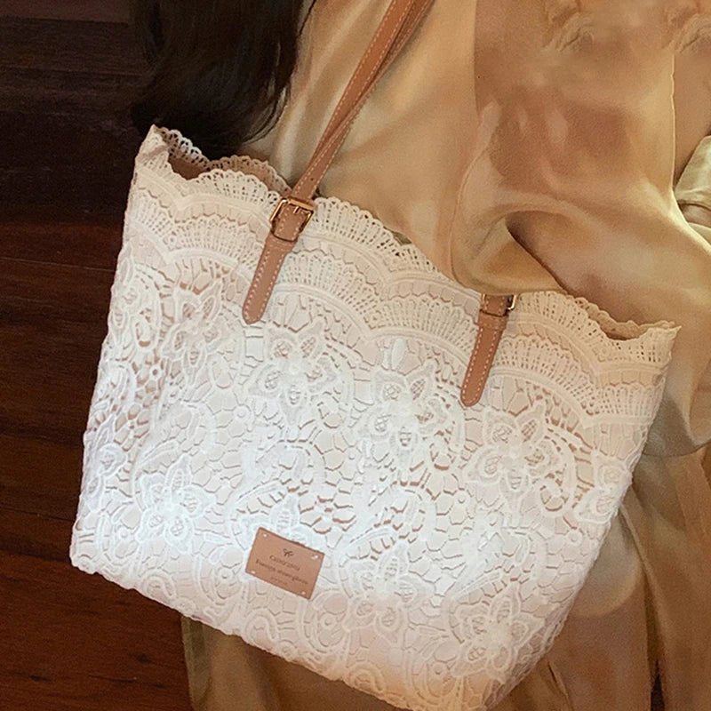Women's White Lace Flower Embroidery Tote Bag Summer Seaside Travel Vacation Beach Shoulder Retro Handbag