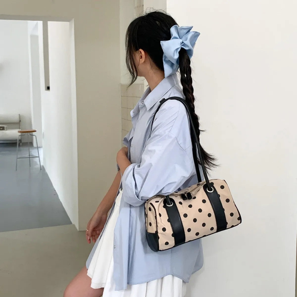 Korean Style Wave Dot Pattern Underarm Bag Women's Summer Fashion Handbag Shoulder Bag Contrast Color Splicing Handbag