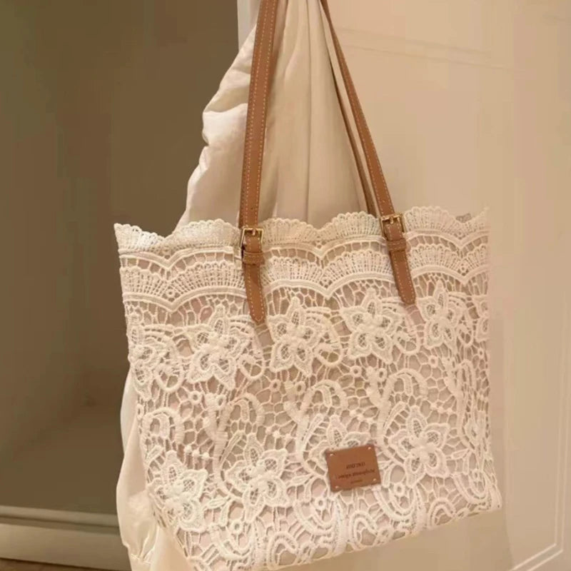 Women's White Lace Flower Embroidery Tote Bag Summer Seaside Travel Vacation Beach Shoulder Retro Handbag
